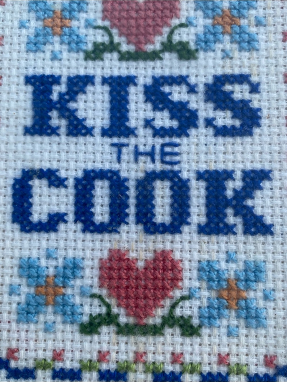 Kiss The Cook Cross Stitch Wall Art - Blue and Pink - Picture 2 of 11